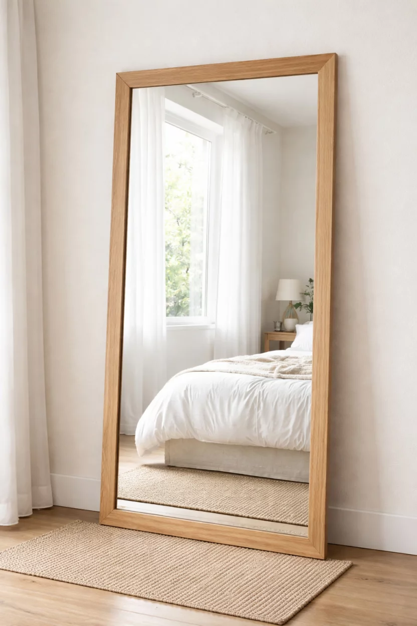 A realistic photo of a large rectangular floor mirror with a light oak wood frame leaning against a bedroom wall, the mirror reflects a brightly lit window and a white bed, a small jute rug is partially visible at the base of the mirror.
