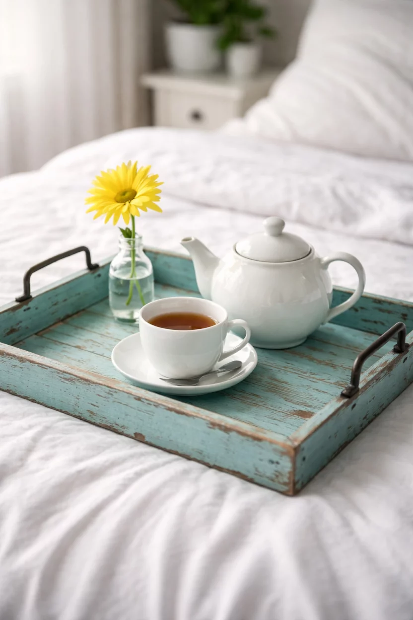 A realistic photo of a turquoise distressed wood serving tray resting on a white bedspread, the tray holds a small white teapot and a matching teacup, a single yellow daisy sits in a bud vase on the tray.
