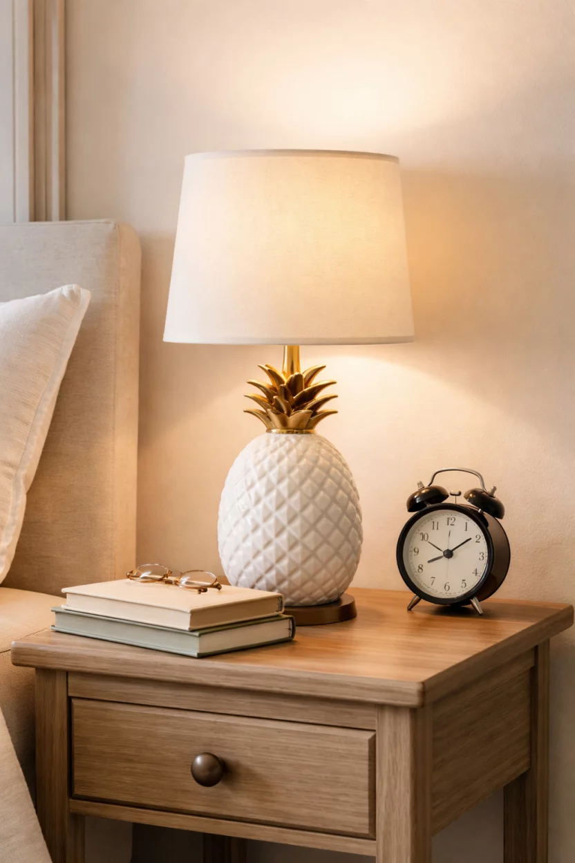 A realistic photo of a bedroom nightstand with a white ceramic pineapple shaped lamp base and a simple cream fabric shade, the lamp sits next to a small alarm clock and a stack of books.