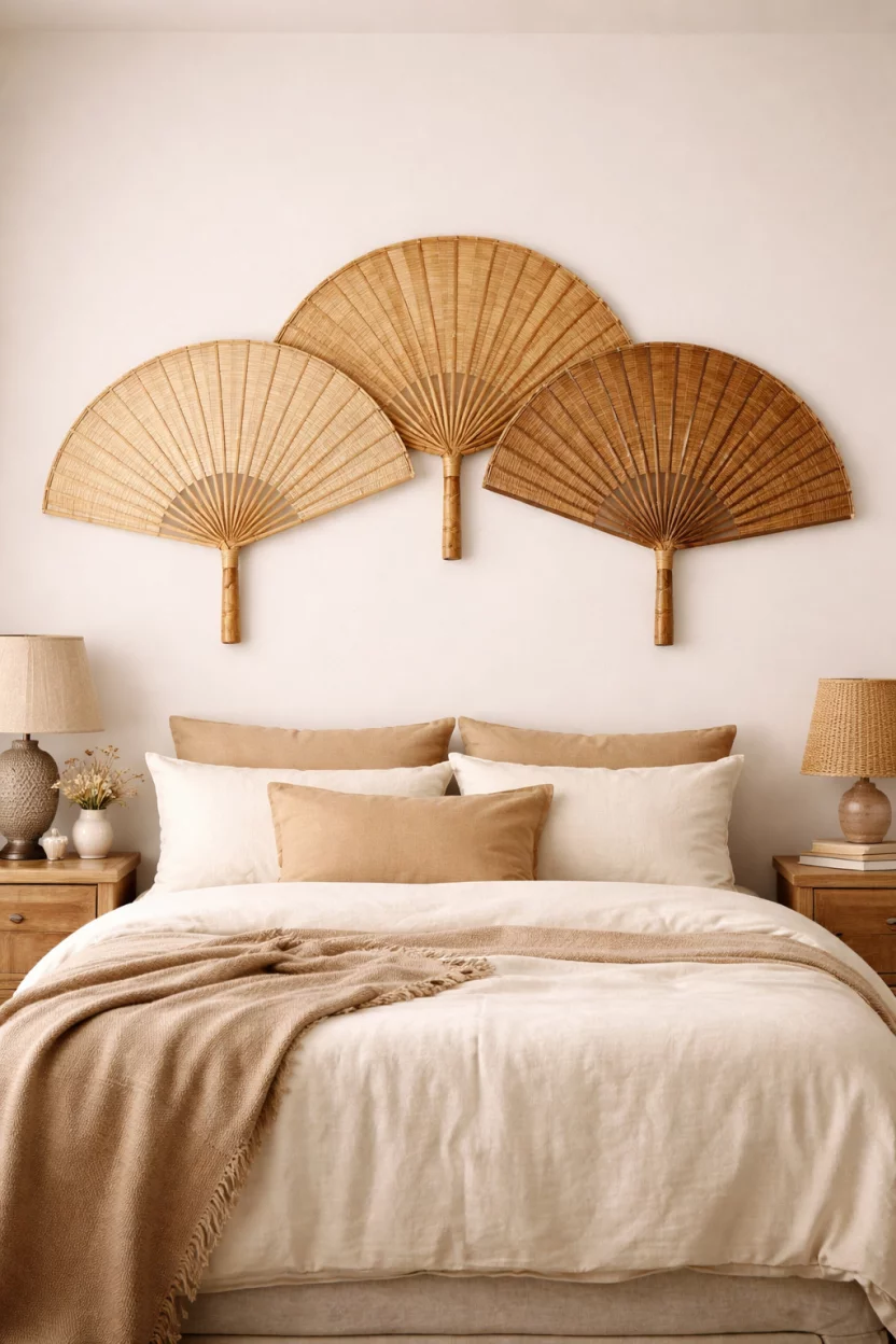A realistic photo of a bedroom wall above a bed displaying three large handheld bamboo fans arranged in a decorative arc, the fans have various natural wood tones, the bedding below is tan and ivory linen.