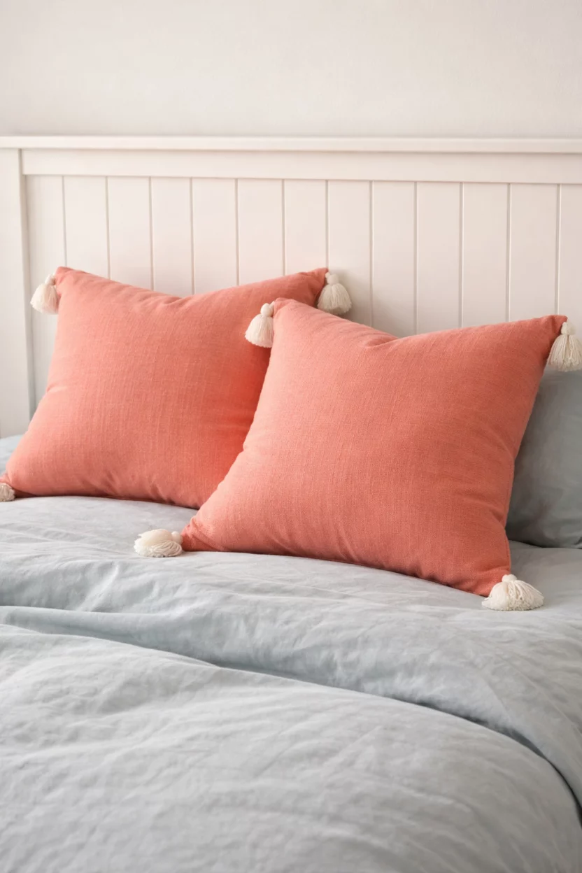 A realistic photo of a bed with two soft coral cotton throw pillows with small white tassels on the corners, the pillows are resting on a light blue duvet cover, a white wooden headboard is behind them.