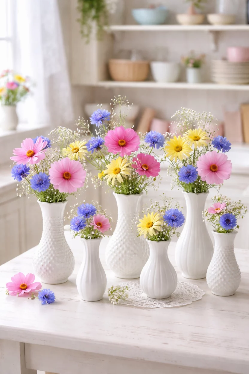 A realistic photo of a white cottage kitchen table displaying a collection of opaque white milk glass vases in different shapes filled with colorful pink cosmos, blue cornflowers, and yellow daisies against a soft pastel backdrop.