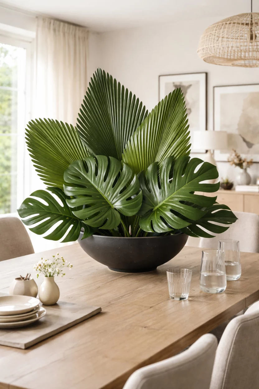 A realistic photo of a contemporary dining room table featuring a wide black ceramic bowl holding giant glossy green monstera leaves and textured palm fronds arranged in a bold architectural fan shape.