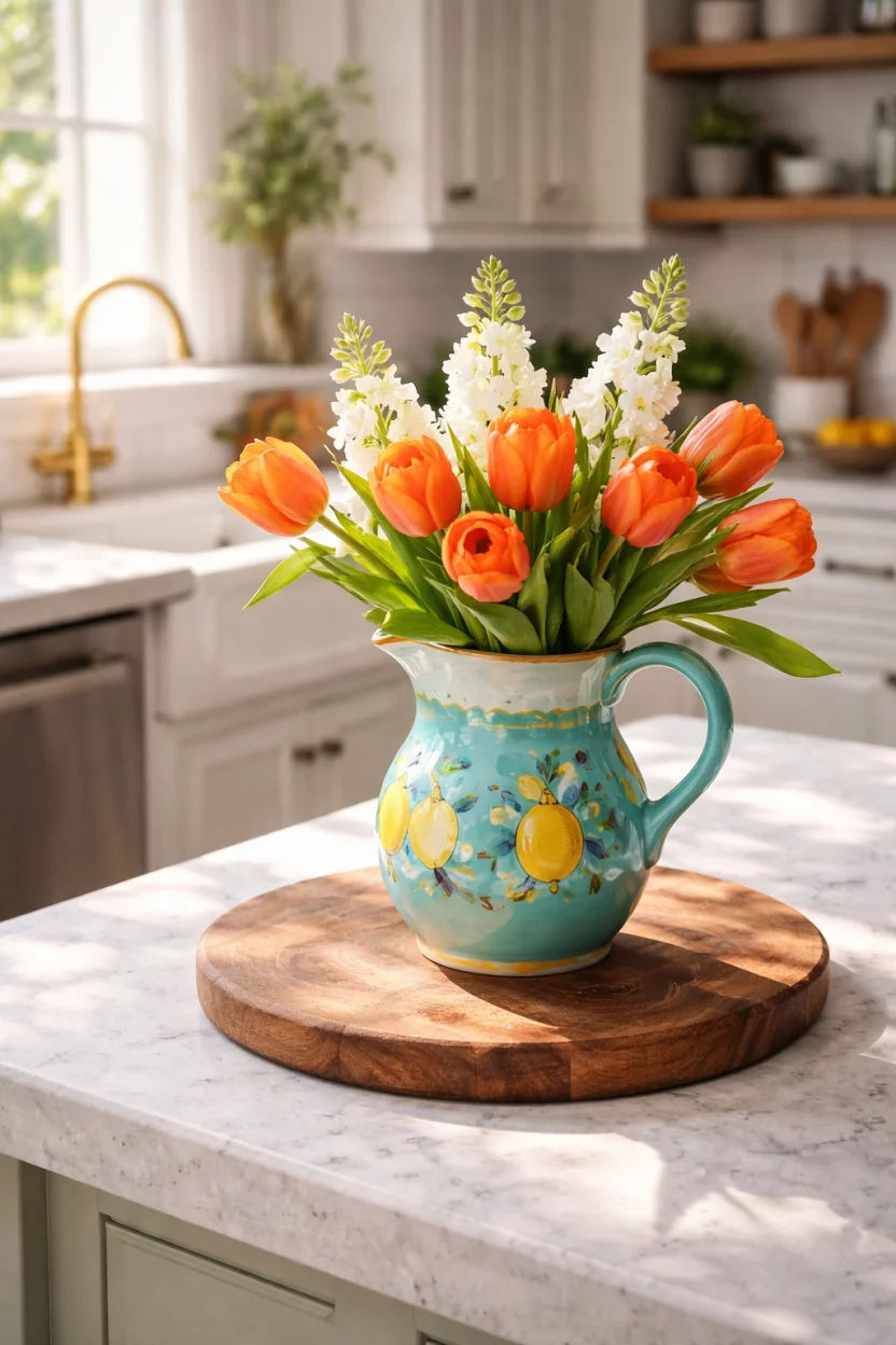 A realistic photo of a sun drenched kitchen island featuring a turquoise hand painted ceramic pitcher filled with orange tulips and white snapdragons on a wooden cutting board.