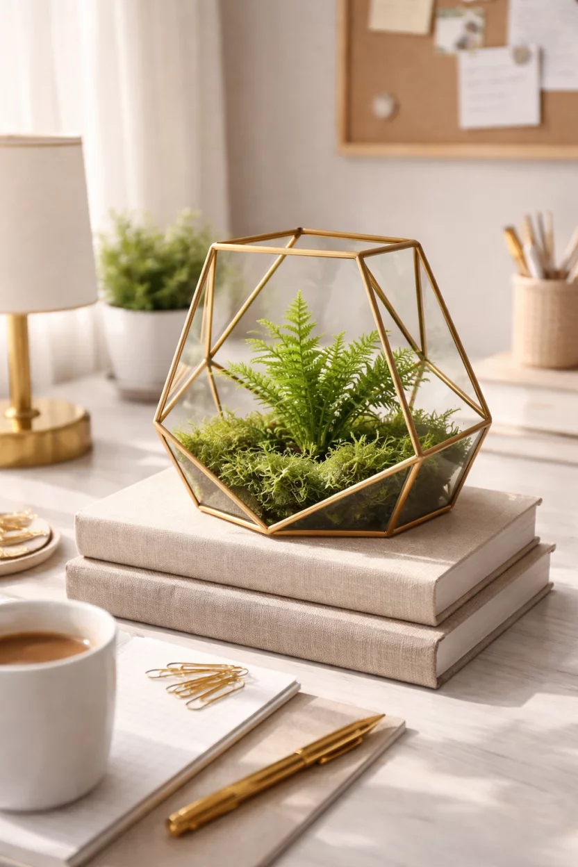 A realistic photo of a home office desk featuring a geometric gold framed glass terrarium containing lush green moss and a miniature Boston fern sitting on a stack of linen books.