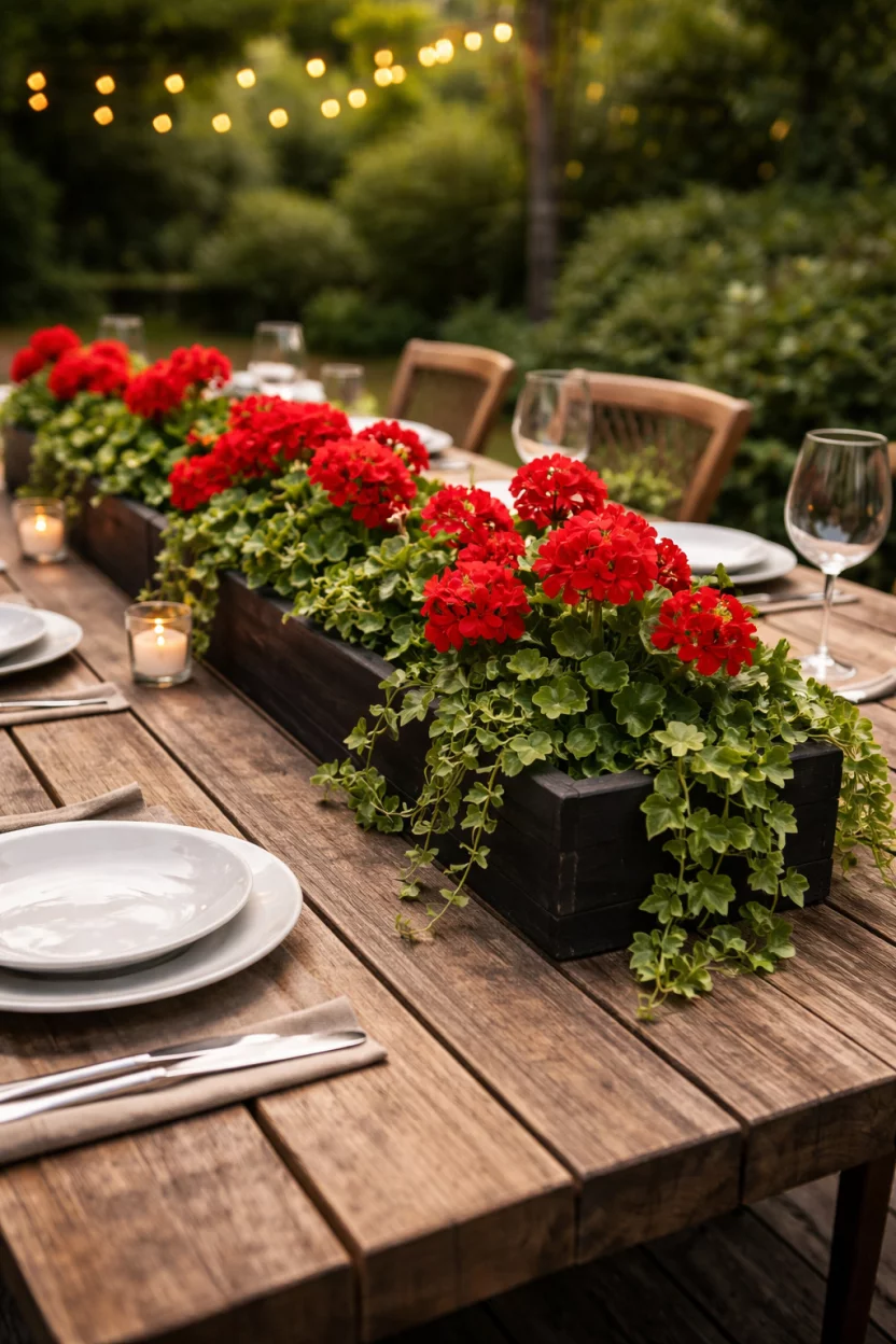 A realistic photo of a long outdoor wooden table featuring a narrow black wooden trough planter filled with bright red geraniums and trailing green ivy plants.