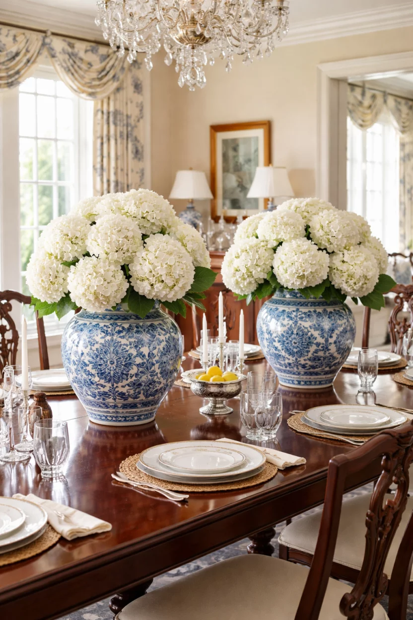 A realistic photo of a formal summer dining room featuring two large blue and white ginger jars with intricate patterns filled with giant white hydrangeas on a polished mahogany table.