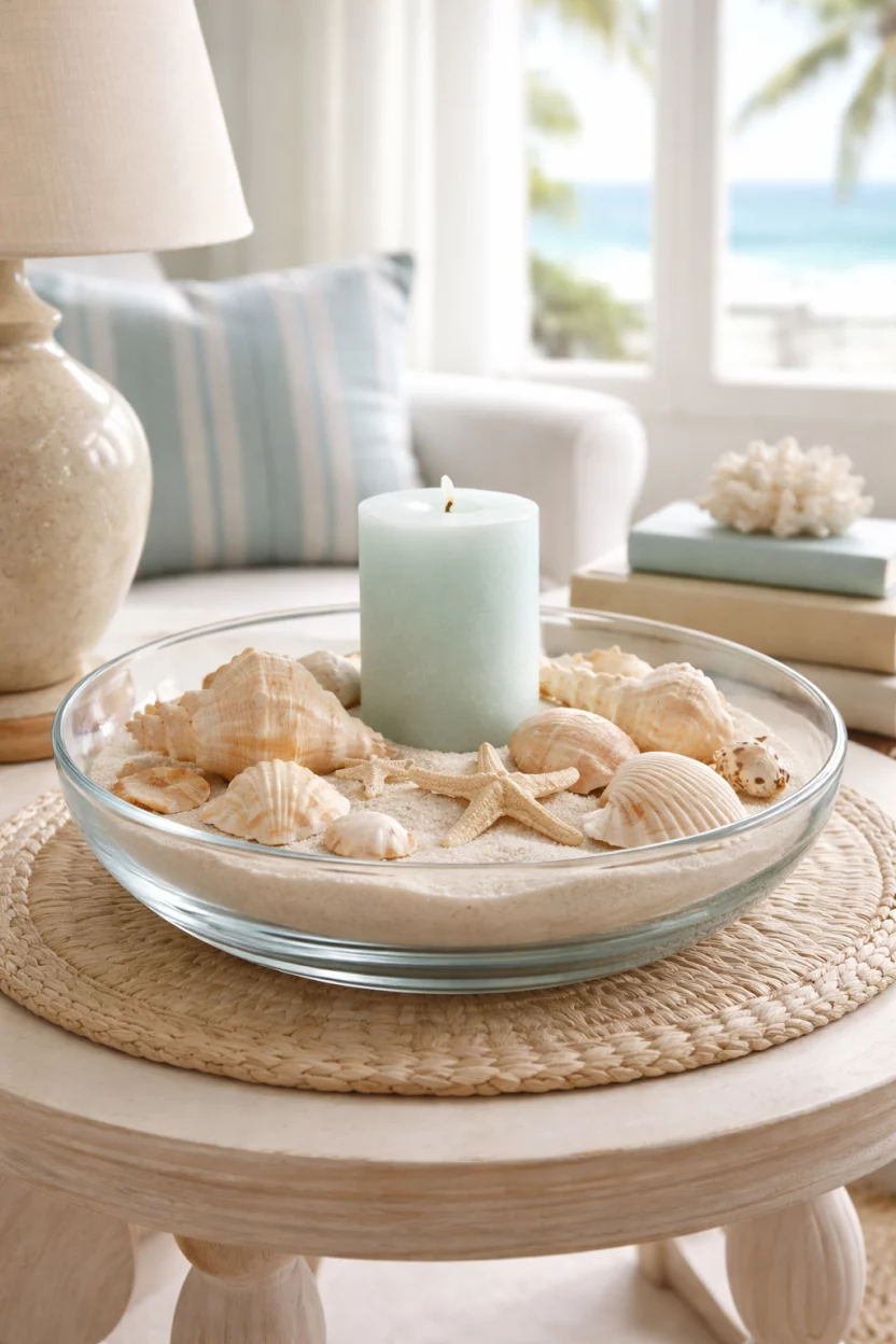 A realistic photo of a coastal living room side table featuring a large shallow clear glass bowl filled with fine white sand and various beige seashells topped with a single pale blue pillar candle.