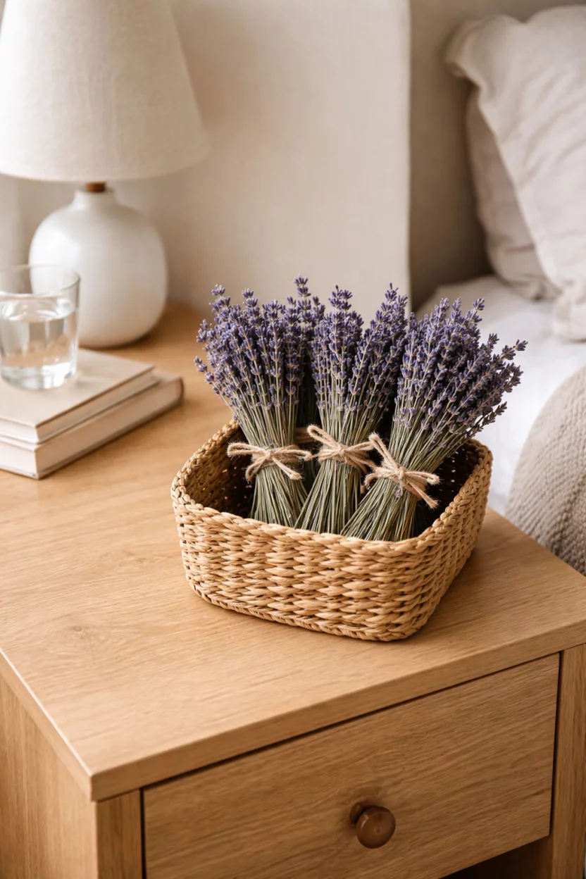 A realistic photo of a bedroom side table with a small brown woven basket filled with bundles of dried purple lavender tied with twine on a light oak surface.