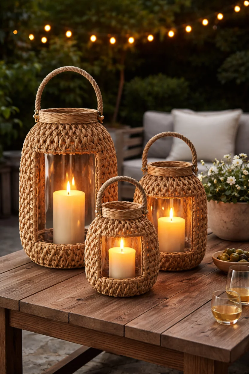 A realistic photo of an evening patio setting featuring three tan braided seagrass lanterns of different sizes with clear glass inserts containing flickering warm ivory pillar candles on a rustic cedar table.