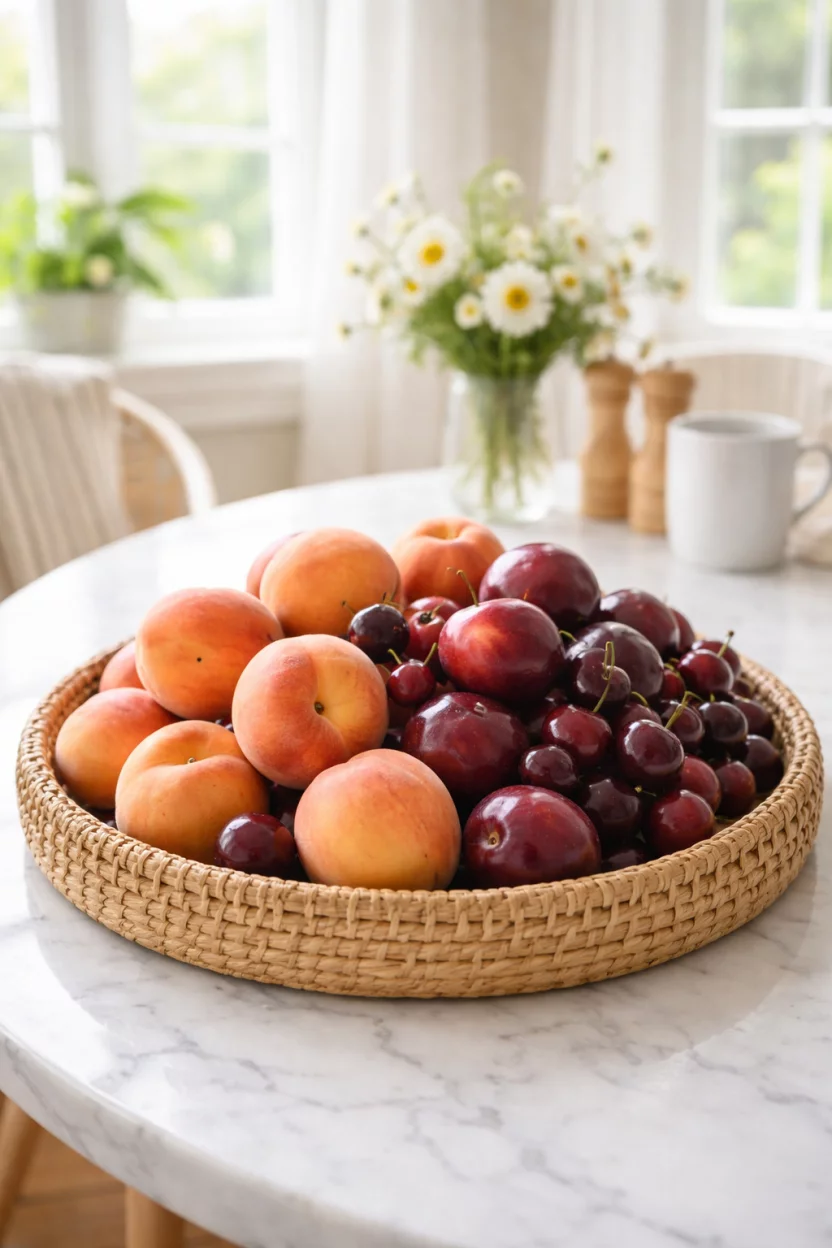 A realistic photo of a bright breakfast nook with a round tan woven wicker tray piled high with fuzzy orange peaches, deep red plums, and dark purple cherries resting on a white marble tabletop.