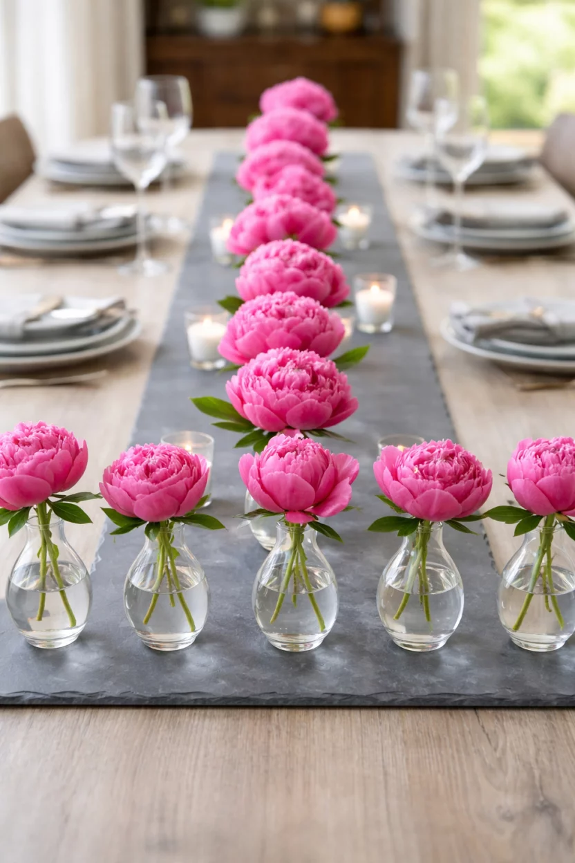 A realistic photo of a long dining table featuring a line of ten identical small clear glass bud vases each holding a single bright pink peony stem on a gray slate runner.