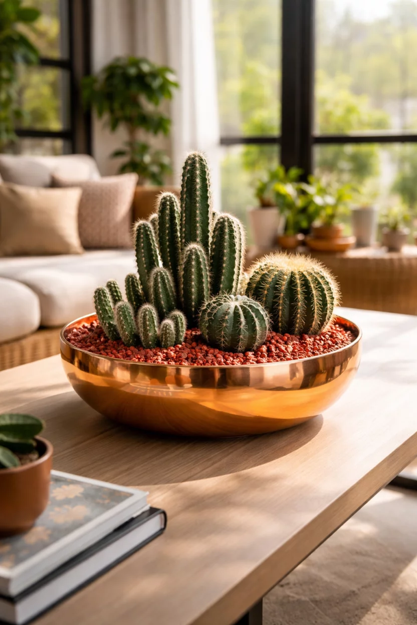A realistic photo of a modern sunroom table featuring a wide shiny copper bowl planted with several green cacti of different shapes and small red gravel.