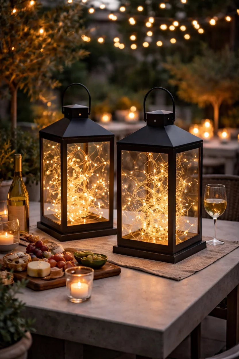 A realistic photo of an outdoor evening dining area featuring two large black metal lanterns filled with tangled warm white fairy lights on a light gray stone table.