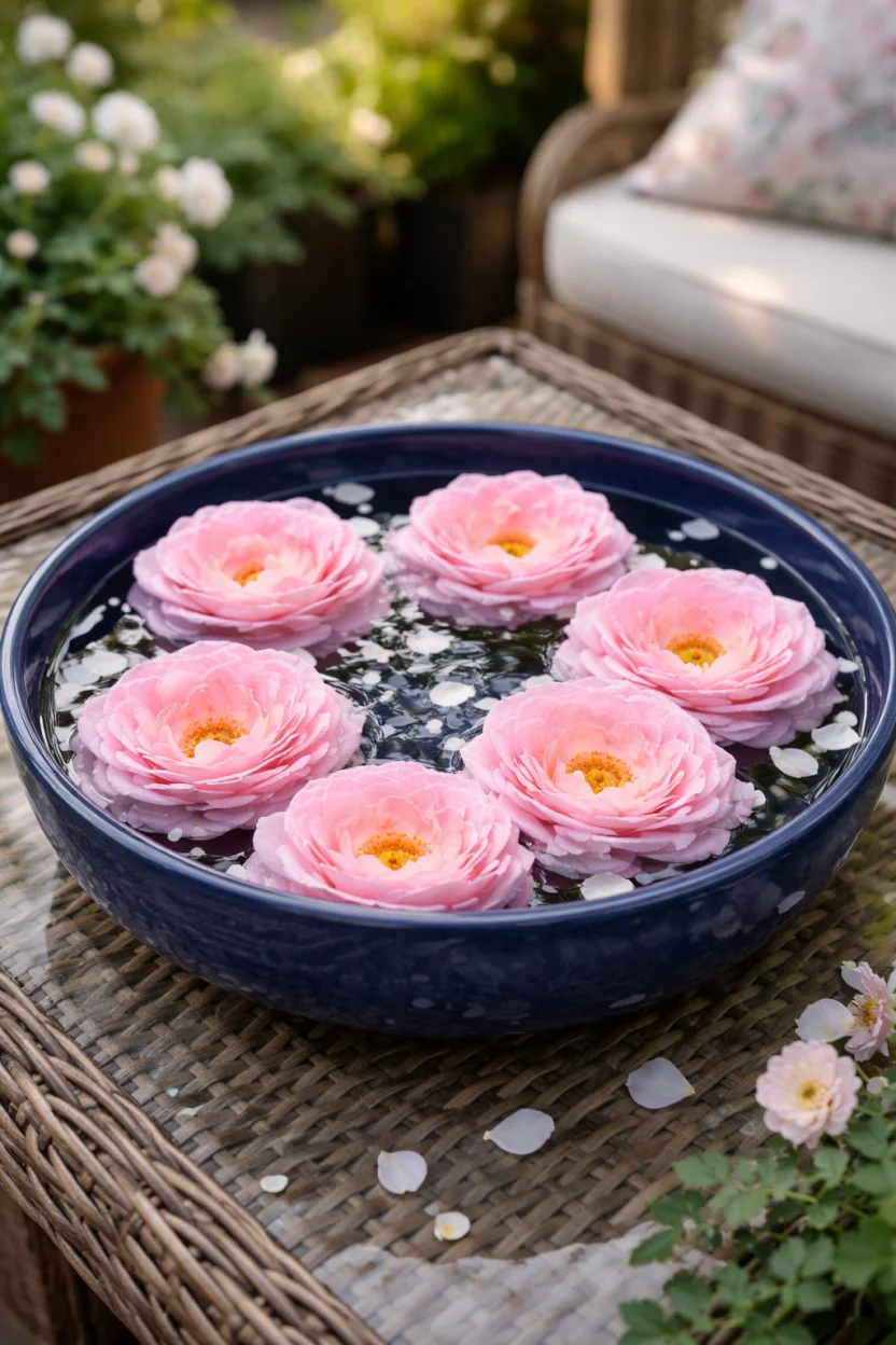 A realistic photo of a patio table featuring a large shallow navy blue ceramic bowl filled with water and six large open pink rose heads drifting on the surface.