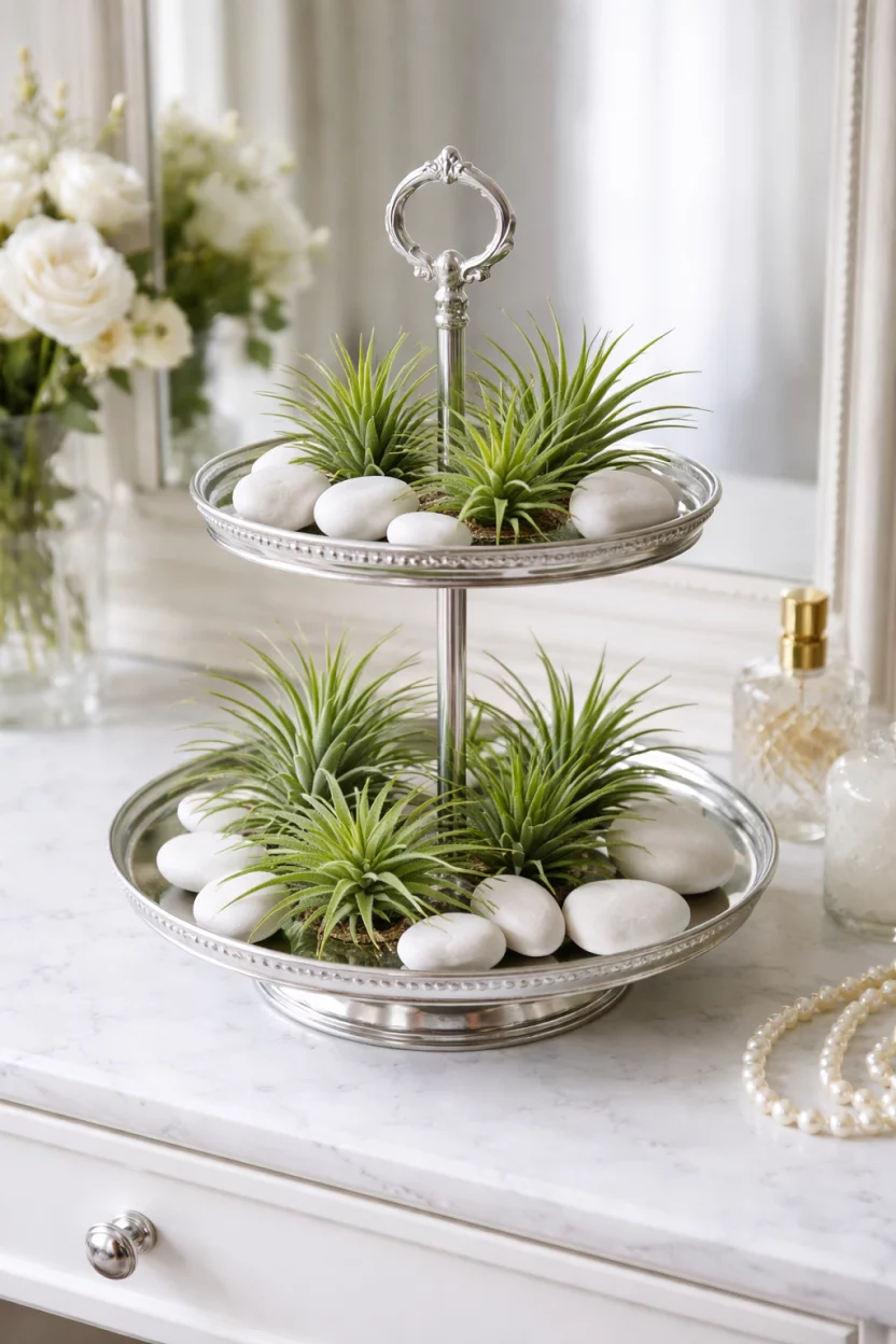 A realistic photo of a white vanity featuring a two tiered silver metal dessert stand holding various green spiky air plants and smooth white river stones.