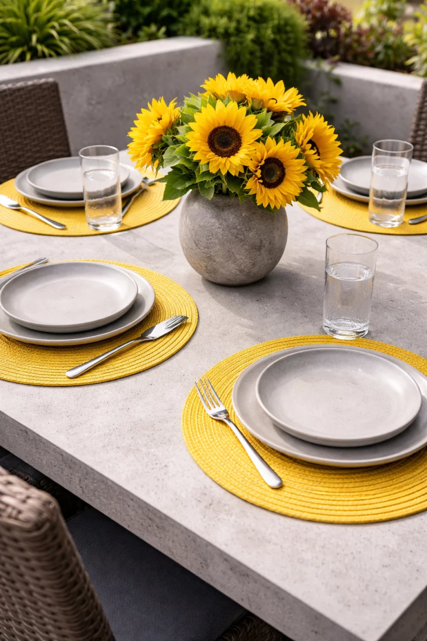 A realistic photo of a concrete patio table with bright yellow woven placemats, light grey stoneware plates, yellow sunflowers in a grey stone vase, and simple silver cutlery.
