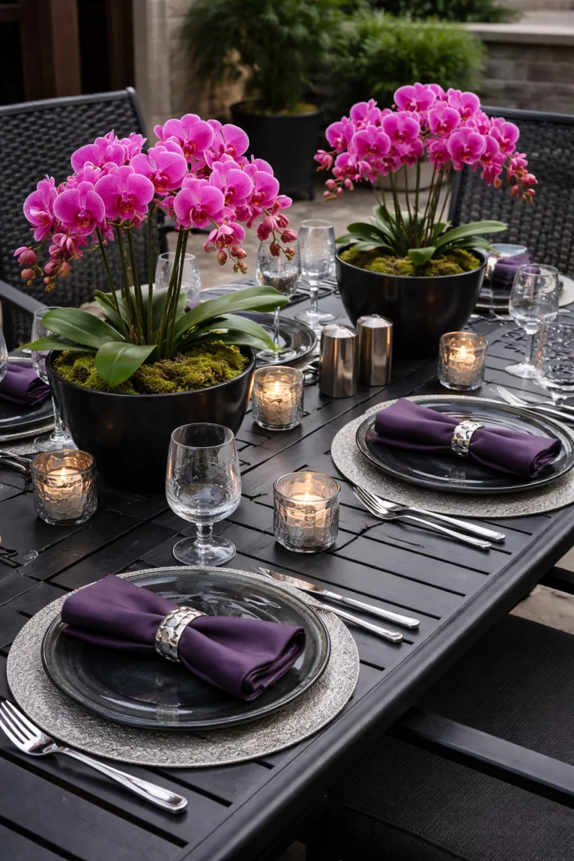 A realistic photo of a dark metal patio table with bright pink orchids in black pots, smoked grey glass dinner plates, silver coasters, and dark purple silk napkins.