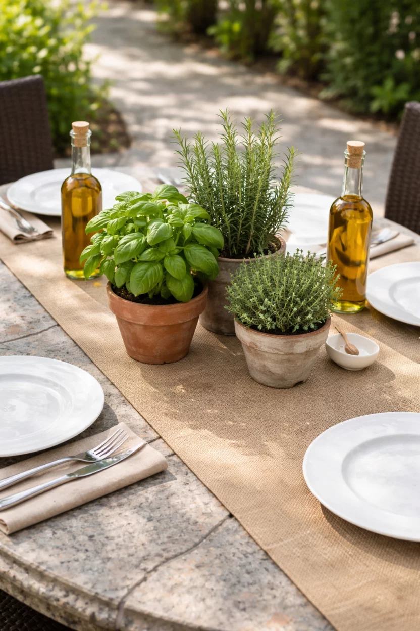 A realistic photo of a stone patio table with pots of fresh basil, rosemary, and thyme as a centerpiece, tan burlap table runner, simple white plates, and brown glass bottles of olive oil.