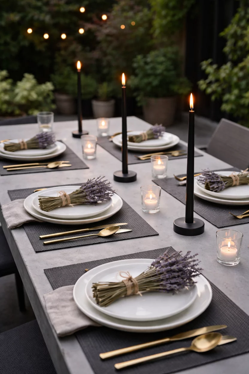 A realistic photo of a concrete dining table on a patio with dark slate grey placemats, bunches of dried purple lavender tied with twine, white stoneware plates, and thin black taper candles in metal holders.