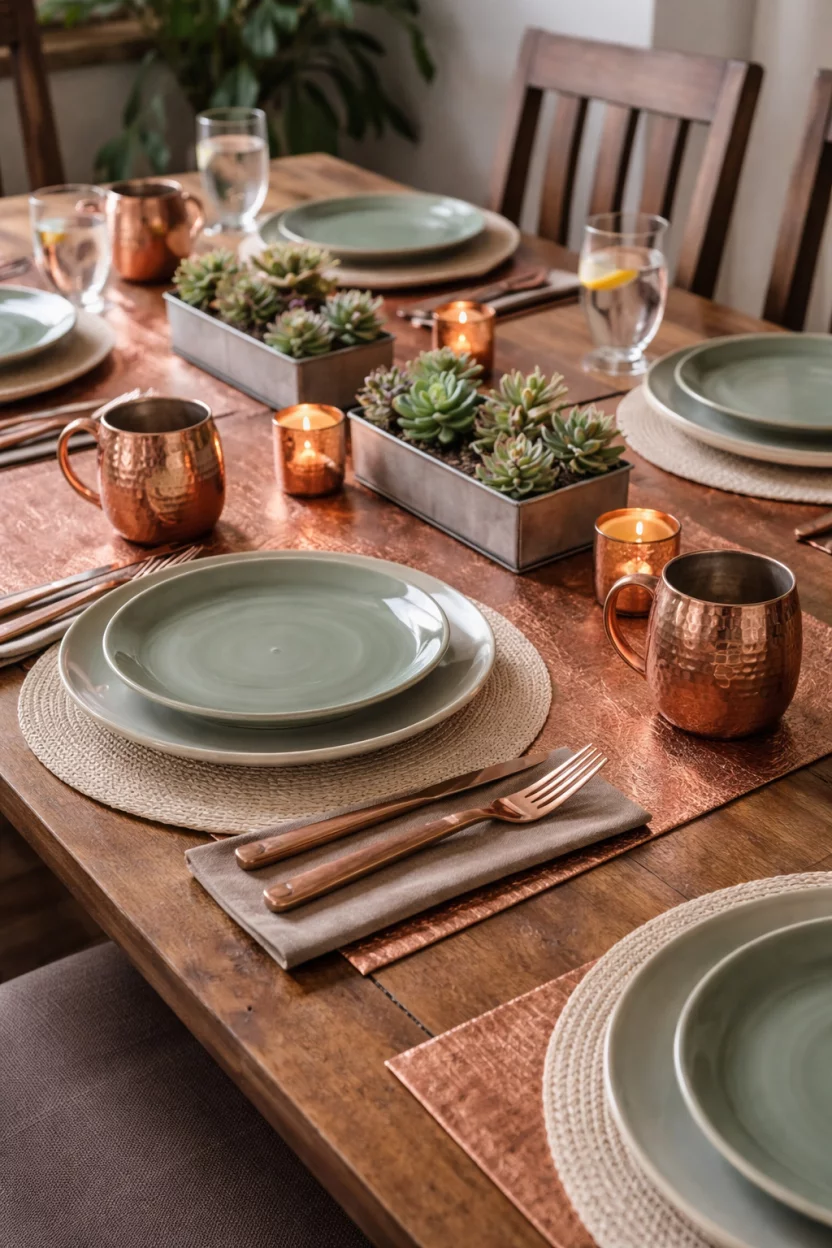A realistic photo of a wooden dining table with copper metallic placemats, sage green ceramic plates, copper mugs, and small succulent centerpieces in metal boxes.