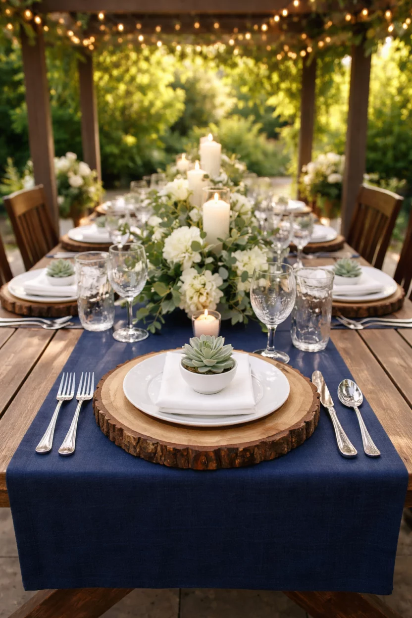 A realistic photo of a garden table with a deep indigo blue table runner, thick wooden slabs used as chargers, small white succulents, and hammered silver flatware under a pergola.