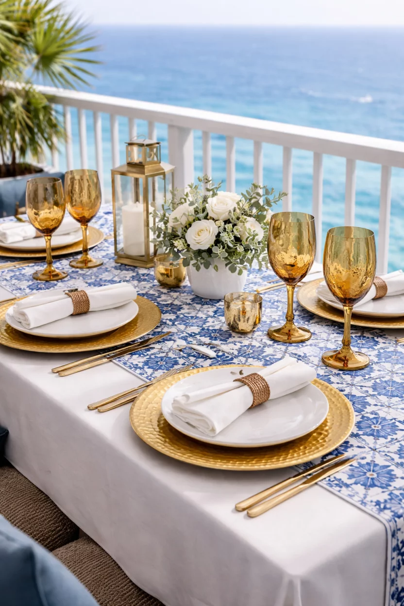 A realistic photo of a high end balcony table with a blue and white patterned Mediterranean tile runner, gold hammered chargers, white ceramic plates, and tall amber glass wine goblets overlooking the ocean.