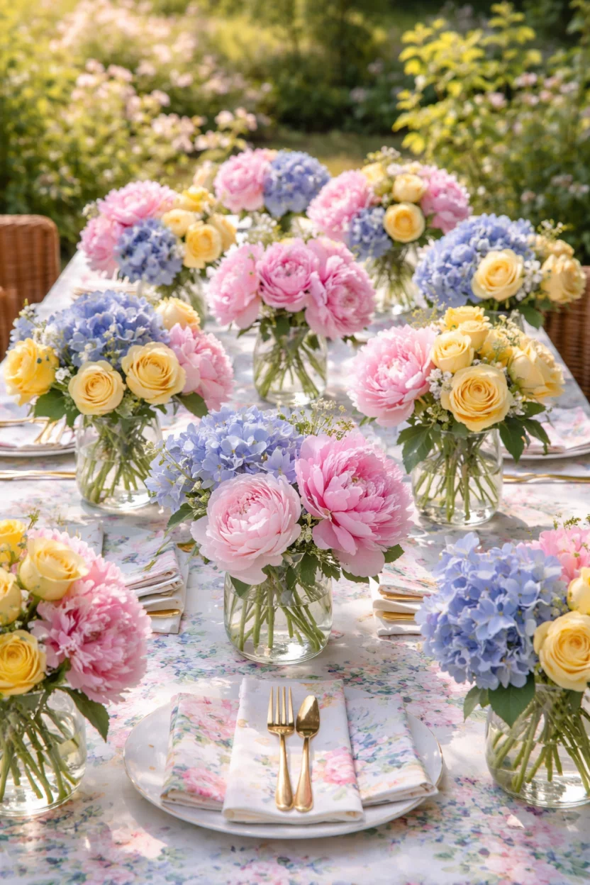 A realistic photo of a garden table completely covered in small vases of pink peonies, blue hydrangeas, and yellow roses with floral print napkins and gold forks.