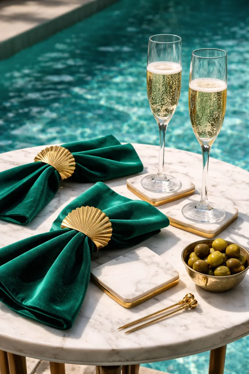 A realistic photo of a poolside table with emerald green velvet napkins, gold fan shaped napkin rings, white marble coasters, and tall fluted champagne glasses near turquoise water.