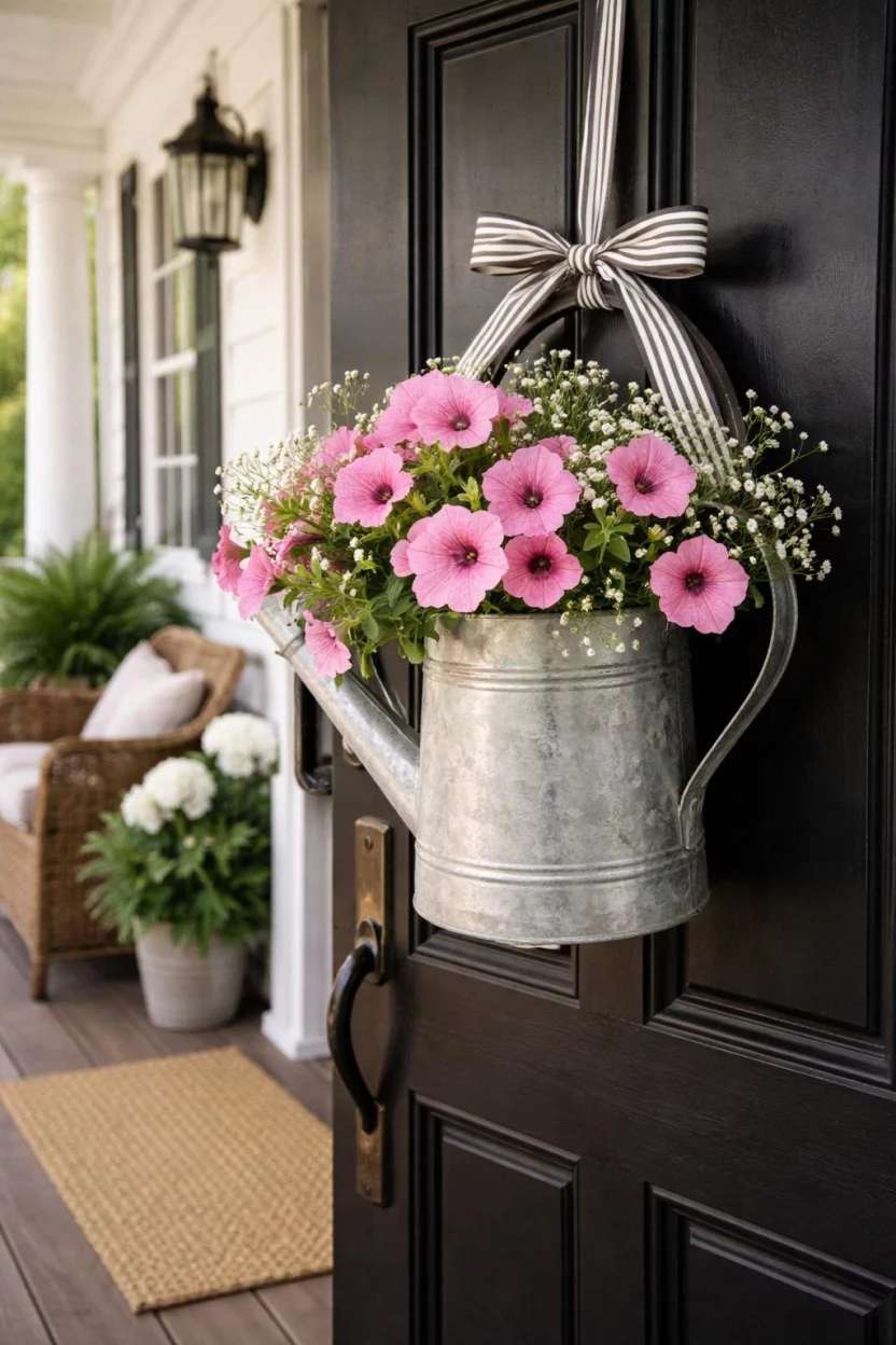 A realistic photo of a farmhouse porch with an antique silver galvanized metal watering can overflowing with pink petunias and white baby breath hanging on a black door, tied with a simple striped black and white ribbon.