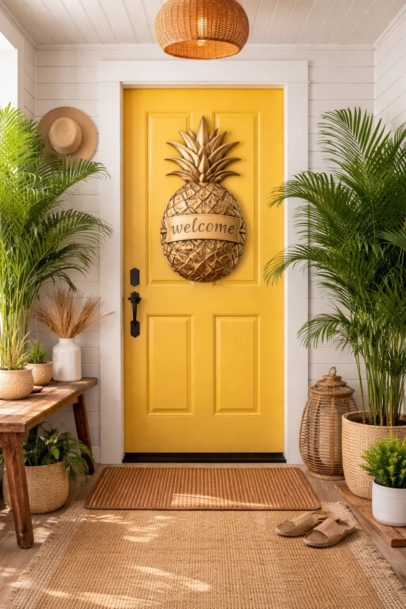 A realistic photo of a tropical inspired entryway with a yellow door displaying a gold metallic pineapple shaped wooden plaque with the word welcome engraved in the center, flanked by large green palm plants.