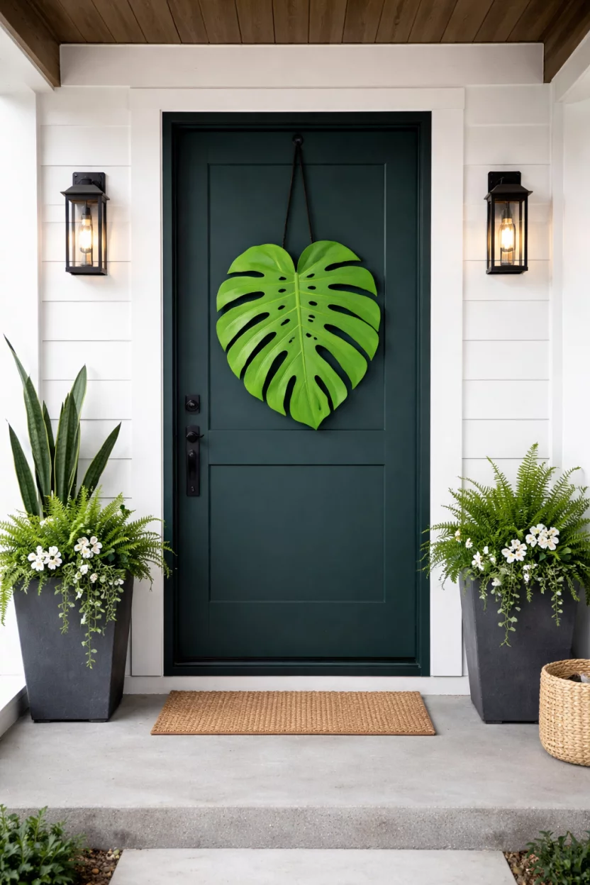 A realistic photo of a modern concrete porch with a dark emerald door featuring a large bright green wooden monstera leaf hanger with realistic cutouts and a glossy finish, hanging from a black cord.