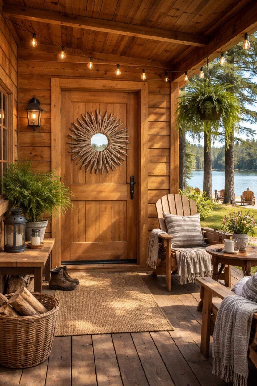 A realistic photo of a lakeside cabin porch with a natural wood door featuring a circular sunburst hanger made of weathered gray driftwood pieces, centered with a small round glass mirror that reflects the blue sky.