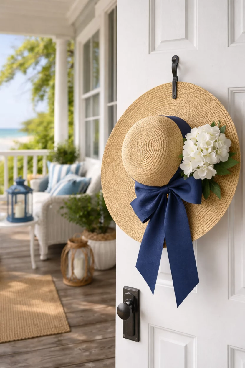 A realistic photo of a coastal porch with a white door hanging a wide brimmed tan straw hat decorated with a large navy blue ribbon and a cluster of white silk hydrangeas on the side.