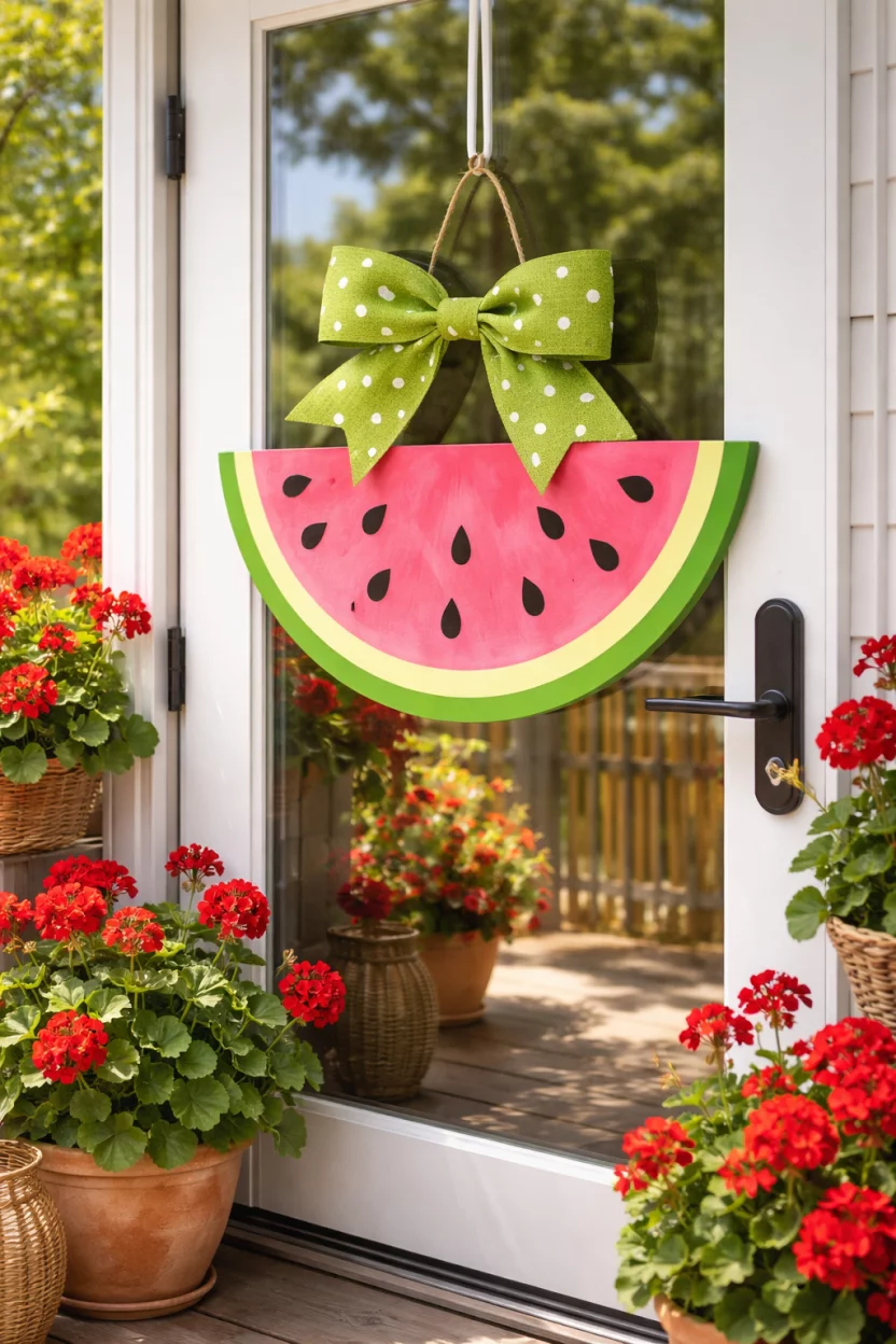 A realistic photo of a sunny deck with a glass door hanging a bright pink and green wooden watermelon slice, with black painted seeds and a large green bow at the top, surrounded by potted red geraniums.