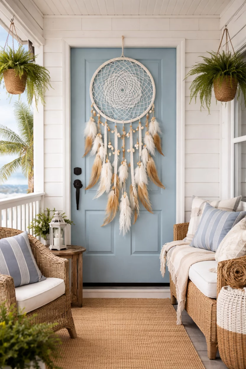 A realistic photo of a breezy porch with a light blue door hanging a large white dreamcatcher with intricate webbing, decorated with small white seashells and dangling tan feathers.