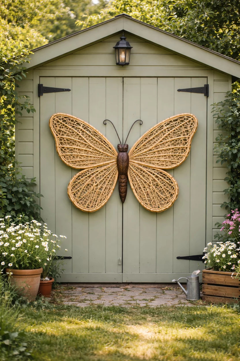 A realistic photo of a garden shed door in a lush backyard hanging a large tan rattan butterfly silhouette with delicate open weave wings and a dark brown wooden body.