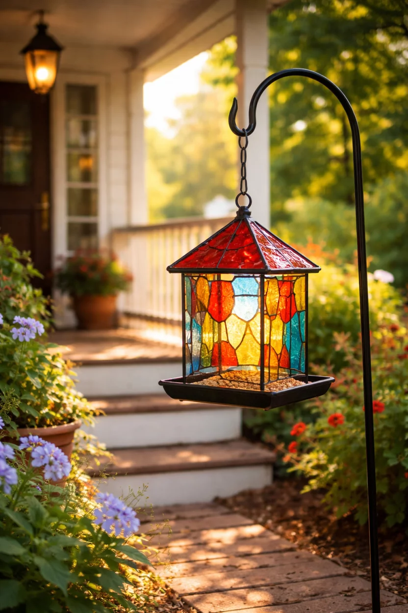 A realistic photo of a summer front porch with a small colorful stained glass bird feeder hanging from a black metal hook, with sunlight shining through the red and blue glass panels.