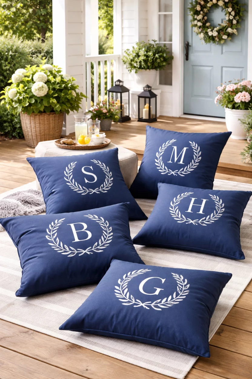 A realistic photo of a summer front porch with several large navy blue outdoor floor pillows featuring a white embroidered monogram letter, scattered on a clean wooden porch.