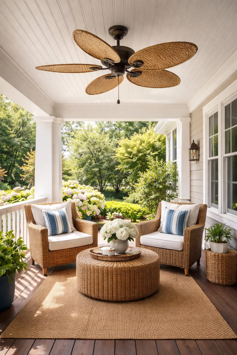 A realistic photo of a summer front porch ceiling featuring a large tropical ceiling fan with natural tan woven seagrass blades spinning gently over a set of outdoor wicker chairs and a jute rug.