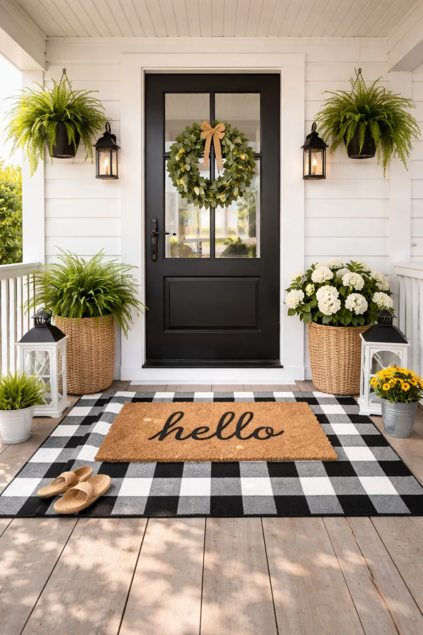 A realistic photo of a summer front porch entryway with a large black and white buffalo plaid outdoor rug topped with a smaller natural coir welcome mat that says hello in a modern font.