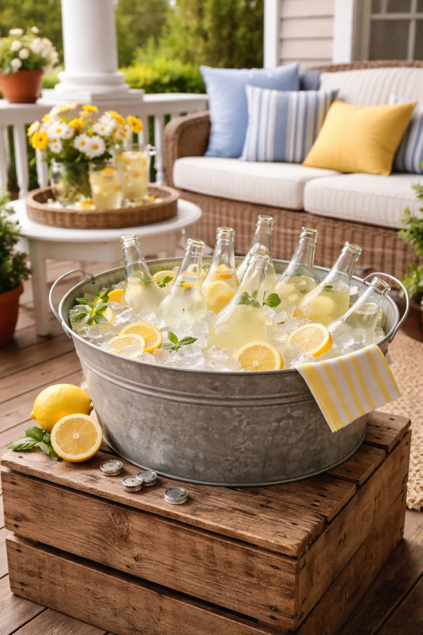 A realistic photo of a summer front porch with a large vintage galvanized metal tub filled with ice and glass bottles of lemonade, sitting on a rustic wooden crate near a seating area.