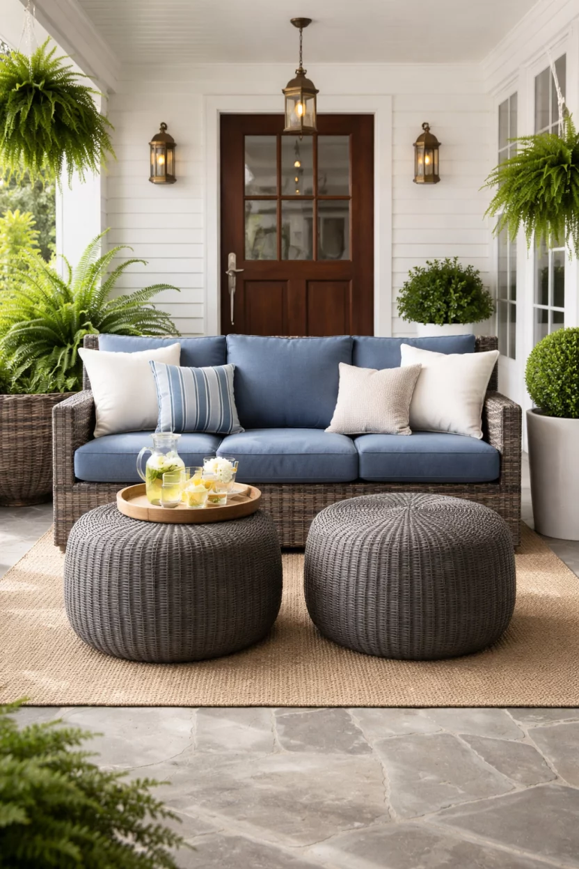 A realistic photo of a summer front porch with two round charcoal grey woven resin wicker ottomans used as footrests in front of a blue sofa, with a small tray sitting on one.