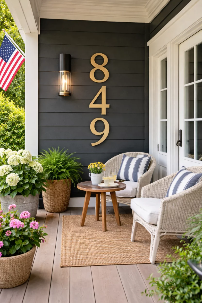 A realistic photo of a summer front porch with oversized brushed brass house numbers mounted vertically on a dark slate grey wall next to a modern black wall sconce.