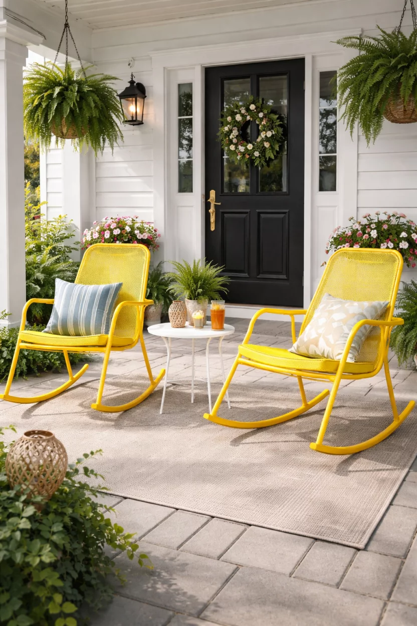 A realistic photo of a summer front porch featuring two bright yellow powder coated metal rocking chairs with a modern ergonomic design, sitting on a neutral outdoor rug.