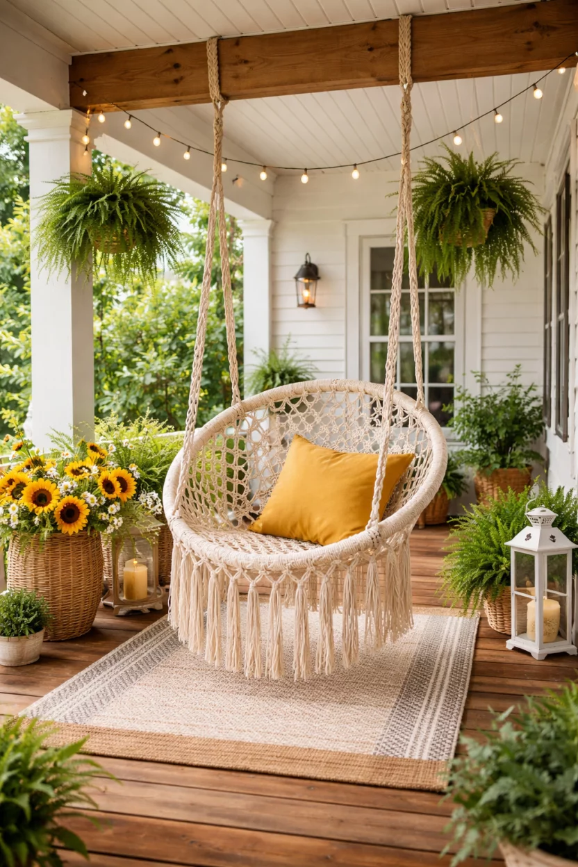 A realistic photo of a summer front porch with a cream colored macrame hanging chair swing featuring long tassels, adorned with a mustard yellow throw pillow, hanging from a thick wooden beam.