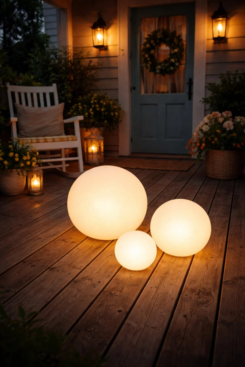A realistic photo of a summer front porch at dusk with three large white frosted glass solar globes of different sizes sitting directly on the floorboards, emitting a warm soft glow.