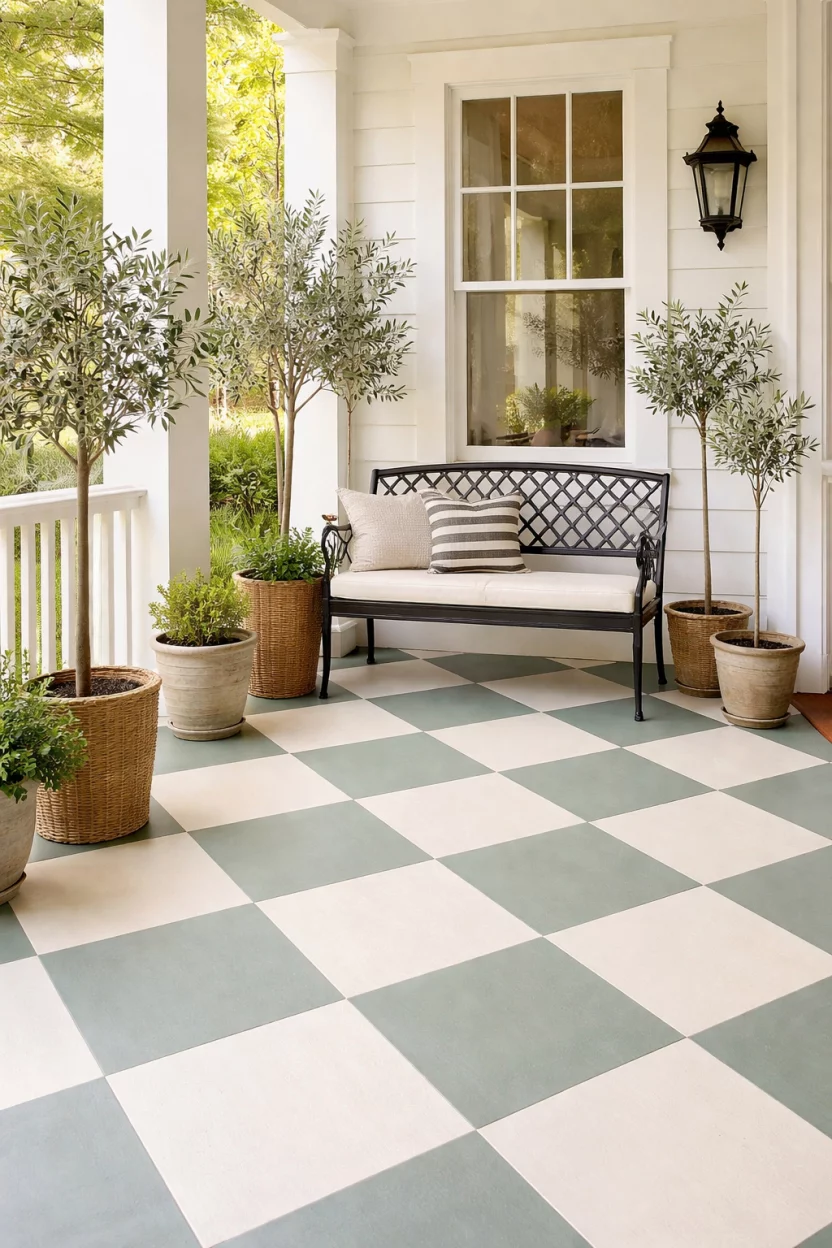 A realistic photo of a summer front porch floor painted in a large scale soft sage green and cream checkerboard pattern, with a black metal bench and several potted olive trees.