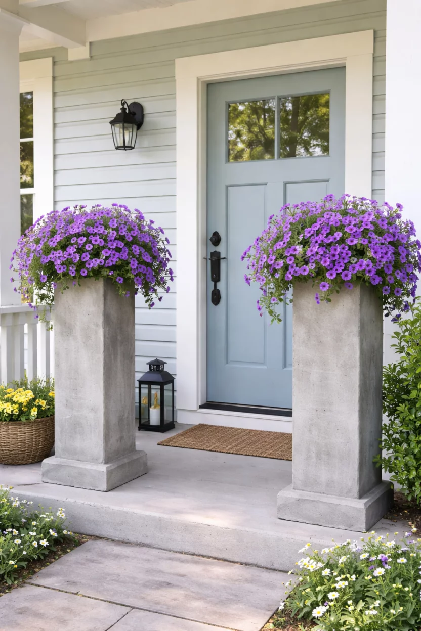 A realistic photo of a summer front porch featuring two tall grey raw concrete pedestals used as plant stands, holding overflowing purple petunias against a light blue wooden house.