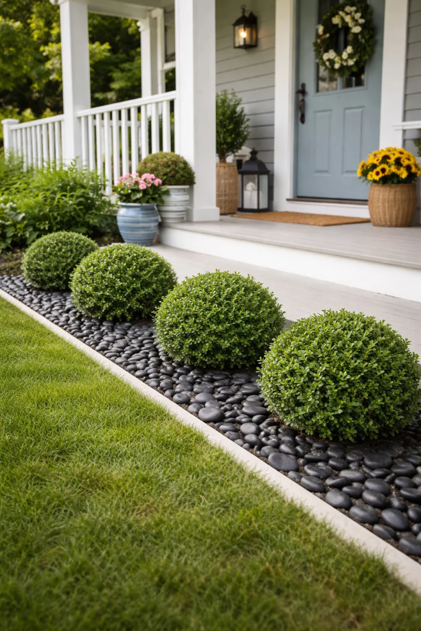 A realistic photo of a summer front porch edge featuring a narrow border filled with smooth black river stones and three small round boxwood shrubs, separating the porch from the lawn.